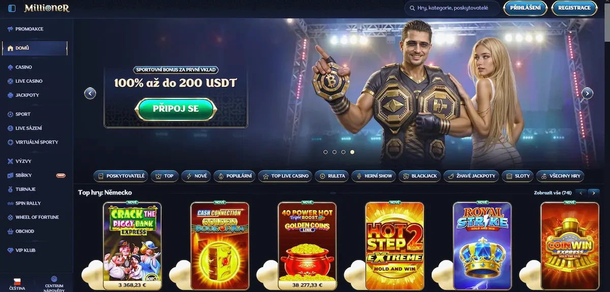 Millioner Casino lobby homepage with pokies and live casino menu